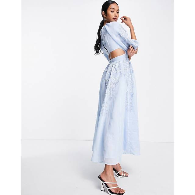 ASOS EDITION – Blå midiklänning med puffärm, utskurna detaljer baktill och pärlat broderi