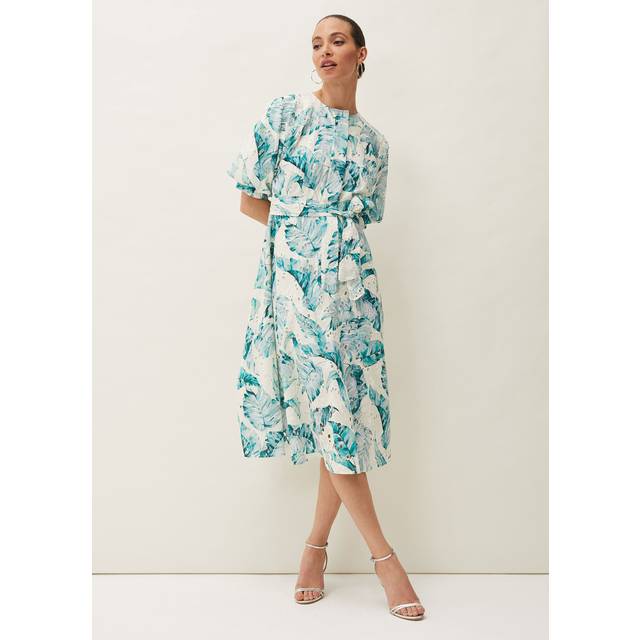 Phase Eight Women's Palms Broderie Anglaise Printed Cotton Dress - Aquamarine/Ivory - 12