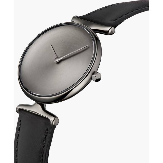 Nordgreen Women's Minimal Small Face Dress Watch - Silver Case - Brushed Metal Dial - 28mm Black Leather Strap