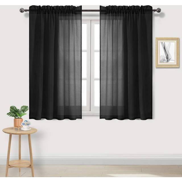 DWCN Black Sheer Curtains Semi Transparent Voile Rod Pocket Curtains for Bedroom and Living Room  52 x 45 inches Long  Set of 2
