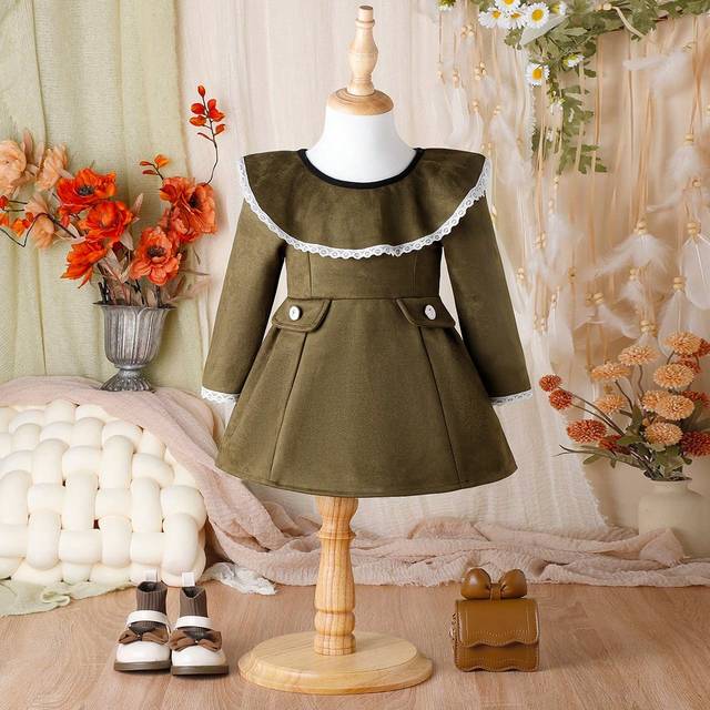 SHEIN Baby Girls&#39; Elegant Ruffle Hem Long Sleeve Dress For Spring And Autumn