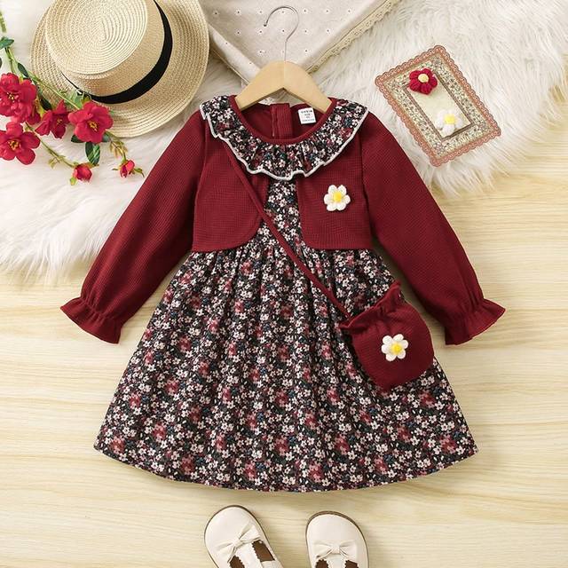 SHEIN Young Girl Vintage Style Hooded Shirt And Floral Dress Combo In Wine Red And Ditsy Floral, Harmonious Color Matching, Fashionable Yet Elegant, Two-Pie