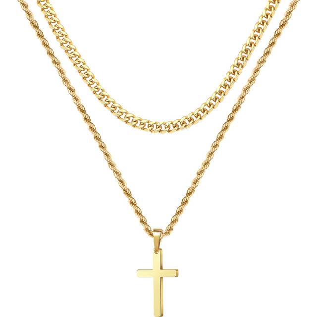 Cross Necklace for Men  18K Gold Stainless Steel Cross Necklace Mens Cross Chain Layered Rope Chain Cross Pendant Necklace for Men 18-20 Inch Cross Ne