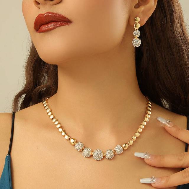 3 st/set Guldpläterad Full Rhinestone Runda Stil Halsband Och Örhängen Set För kvinnor , Lyx Bröllop Smycken Set - Gult guld (En-Storlek)