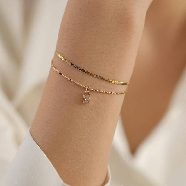 Nooxian 2pcs Fashionable Minimalist Square Copper Cubic Zirconia Multi-layer Bracelet, Unconventional & Deluxe For Women&#39;s Daily Wear