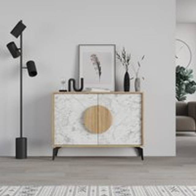 Decortie - Gora Console Sideboard Display Unit 110Cm - Oak / White Marble Effect - Oak