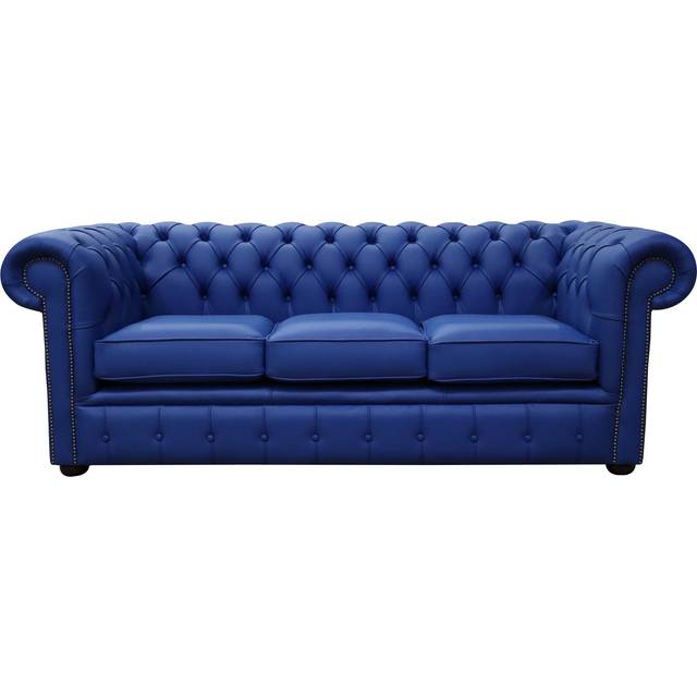 Chesterfield 3 Seater Blue Leather Sofa Custom Made In Classic Style
