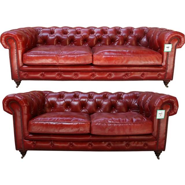 Vintage Chesterfield 3+2 Distressed Rouge Red Real Leather Sofa Suite - Suite Offers