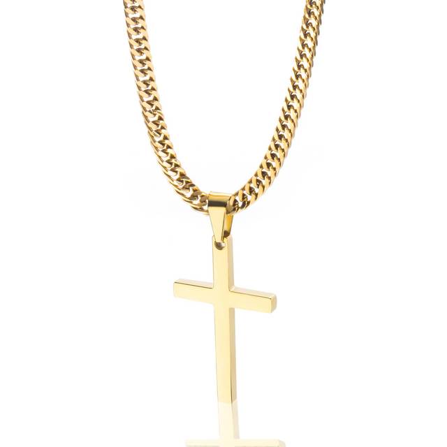 Tuewut Cross Necklace for Men  Silver Gold Stainless Steel Plain Cross Pendant Necklace for Men Cuban Chain 18-26 Inch 20.0 Inches  Gold