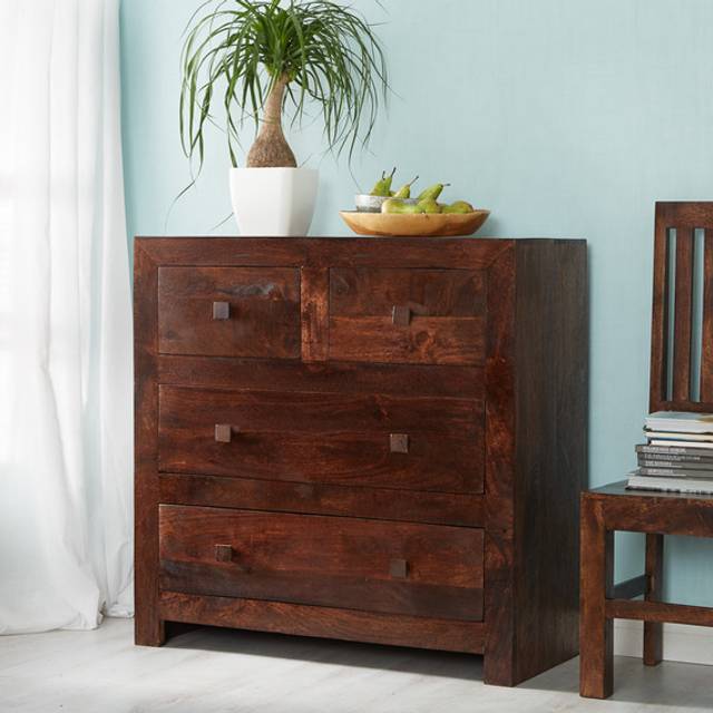 Dakota Mango Wood Dressing Chest 4 Drawers Bedroom Furniture - Dark Wood Tone - Brown