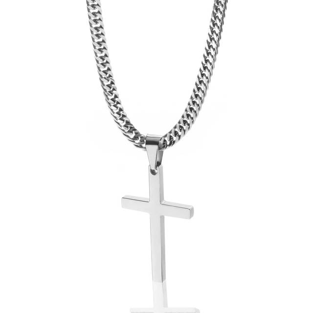 Tuewut Cross Necklace for Men  Silver Gold Stainless Steel Plain Cross Pendant Necklace for Men Cuban Chain 18-26 Inch 20.0 Inches  silver