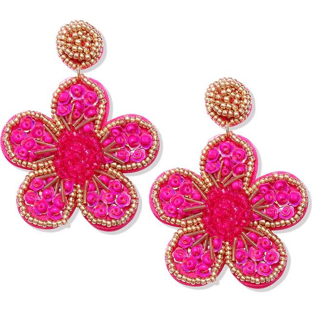 Beaded Drop Earrings Statement Colorful Beaded Flower Earrings Handmade Bohemia Tropical Beadwork Dangle Earrings For Woman (rose red)