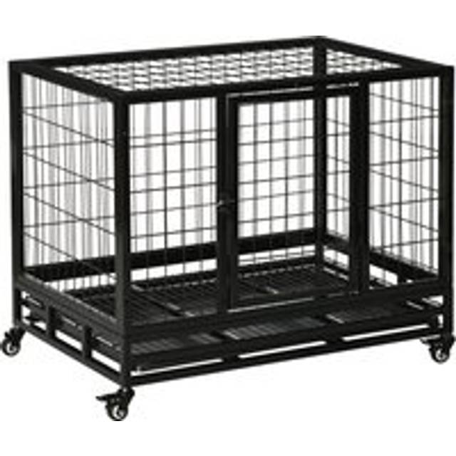 PawHut 38" Heavy Duty Metal Dog Kennel Pet Cage with Crate Tray and Wheels - Black (Medium)