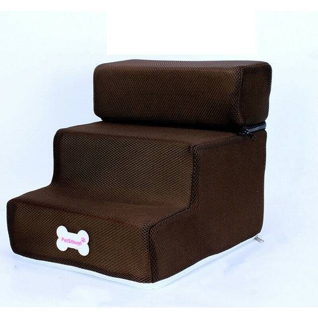 (Coffee) 30*35*30CM 3 Steps Dog Stairs For High Bed Pet Cat Ramp Ladder W/ Removable Top