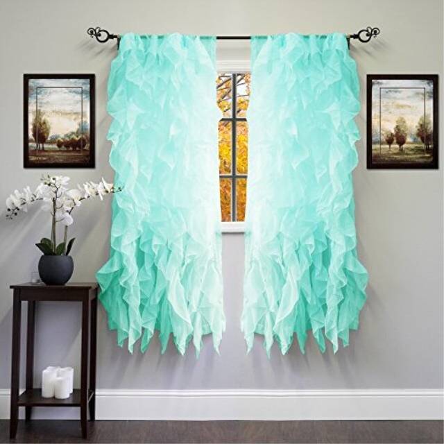 "Sweet Home Collection SHRPNL-63-SEA-2PK Sheer Voile Vertical Ruffled Window Curtain Panel 50"""""""" X 63""""""""  Sea  63"""""""" x 50"""""""""
