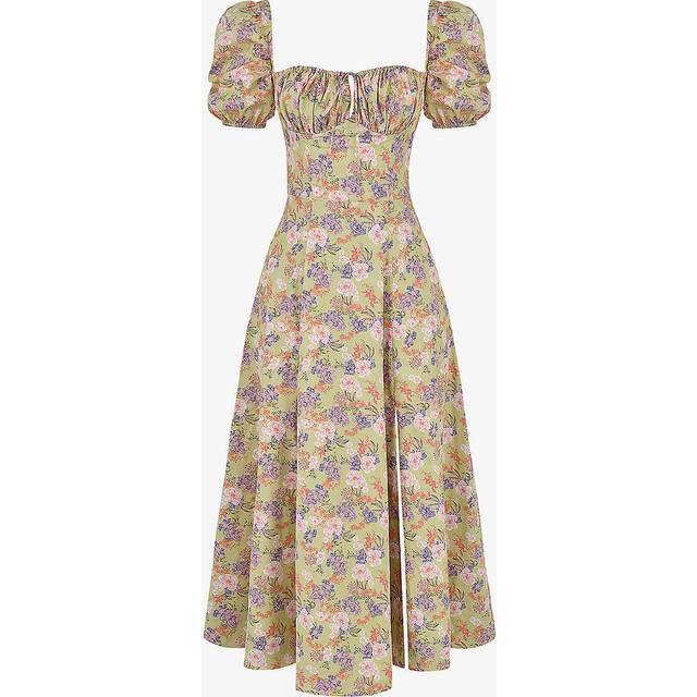House of Cb Womens Peony Print Tallulah Puffed-sleeve Woven Midi Dress 8/10 - PEONY PRINT