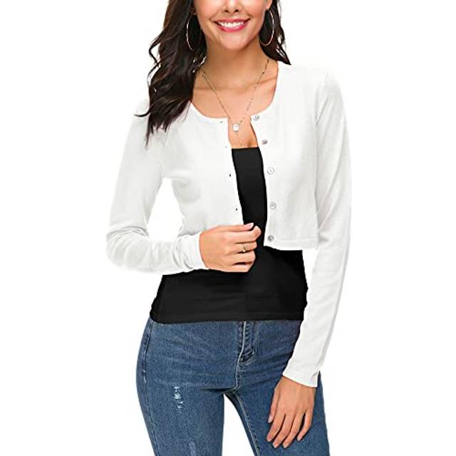 Women's Cropped Bolero Cardigan Button Down O-Neck Knitted Shrug Sweaters (S, White)