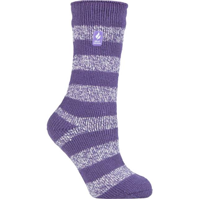 Women's 1 Pair SOCKSHOP Heat Holders 2.3 TOG Patterned Thermal Socks Tuscany Chunky Stripe Mulberry Purple / White 4-8 Ladies