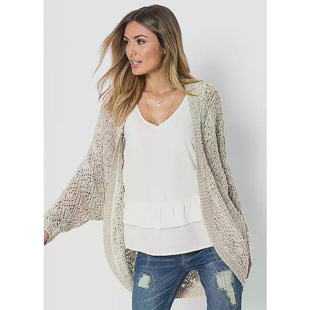 bonprix Ajour Cape Cardigan - Ivory / Taupe