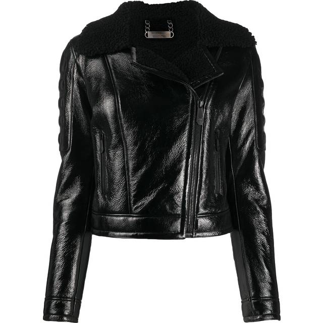 Philipp Plein - shearling-trimmed moto jacket - women - Lamb Skin/Lamb Fur - XL - Black