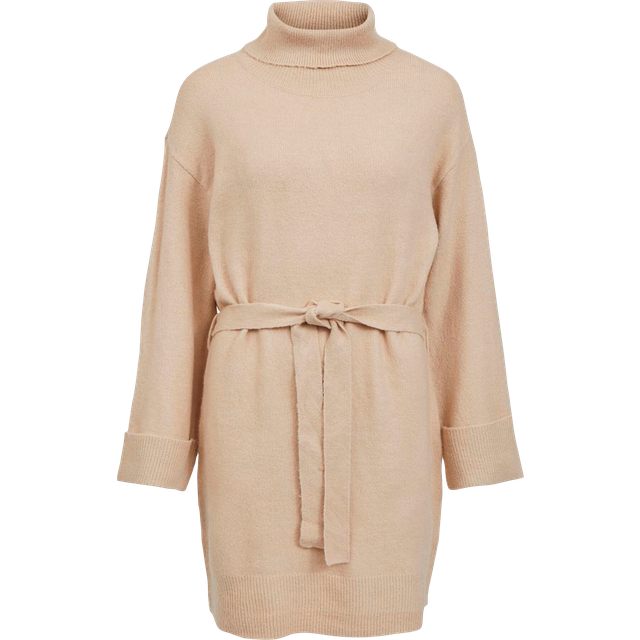 Vila - Stickad klänning viRolfie L/S Tie Belt Knit Dress - Beige