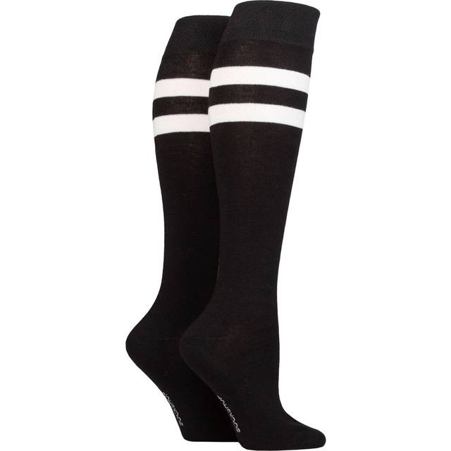 Women's 2 Pair SOCKSHOP Plain and Patterned Bamboo Knee High Socks with Smooth Toe Seams Sport Stripe 4-8 - Black