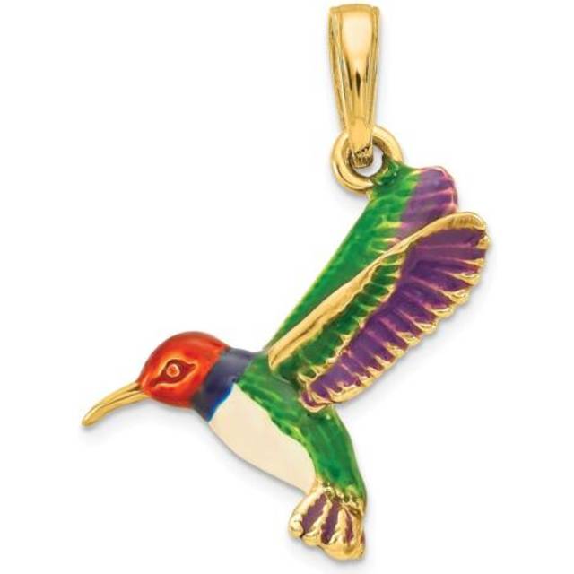 Quality Gold YC958 14K Yellow Gold Enameled 3D Hummingbird Pendant