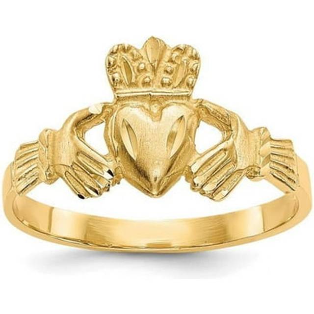14K Yellow Gold Satin & Diamond-Cut Claddagh Ring - Size 6