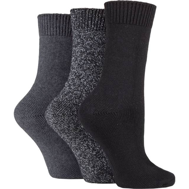 Women's 3 Pair SOCKSHOP Plain Cotton and Glitter Lurex Boot Socks Black 4-8 Ladies