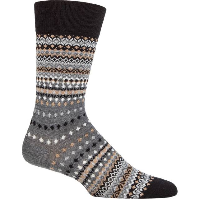 Mens 1 Pair Burlington Ancient Fair Isle Wool Socks Grey 6.5-11 Mens
