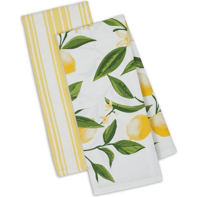 DII Kitchen Dish Towel Set 2 Lemon Bliss Yellow Green Lemon Print & Yellow Stripe