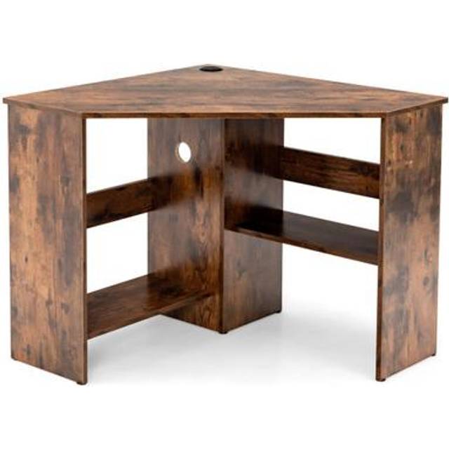 Costway Brown Triangle Corner Computer Desk with Open Shelf and Cable Holes - 101 x 99 x 10cm