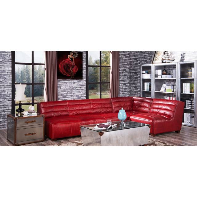 Vintage Genuine Armless Retro Corner Sofa Group Distressed Real Leather - Red - 3 Seater