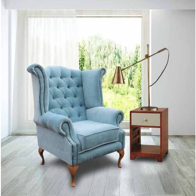 Chesterfield Queen Anne High Back Wing Chair Duck Egg Blue Fabric In Yew Feet