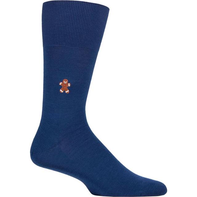 Mens 1 Pair Falke Airport Gingerbread Man Embroidered Wool Cotton Socks Royal Blue 7-8 Mens