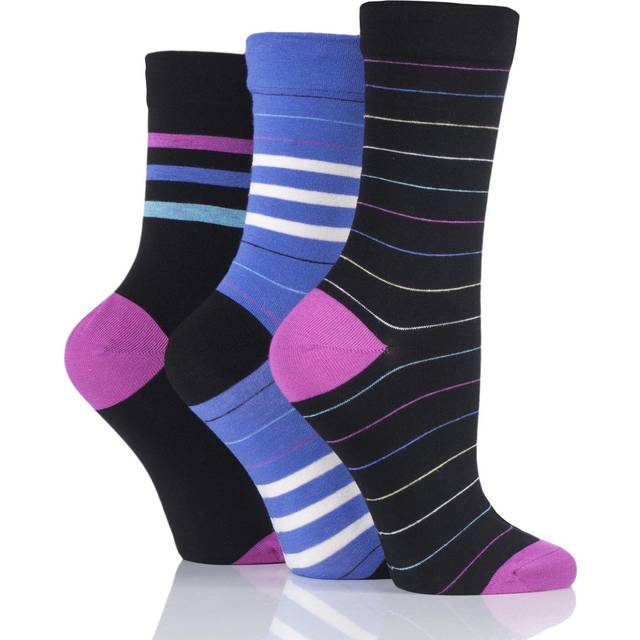 3 Pair Neon Lights Gentle Bamboo Socks with Smooth Toe Seams in Plains and Stripes Ladies 4-8 Ladies - SOCKSHOP - Black