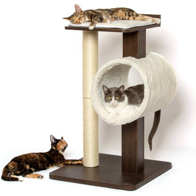 PetFusion Modern Cat Tree House & Tall Scratching Post (84 cm tall). Modern and neutral platforms, Chestnut finish