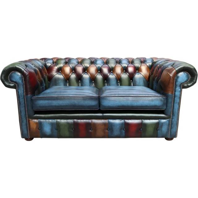 Chesterfield Patchwork 2 Seater Settee Antique Blue Real Leather Sofa - Multi