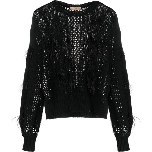 TWINSET - feather-detail cable-knit jumper - women - Acrylic/Wool/Polyester/Alpaca Wool - XL - Black