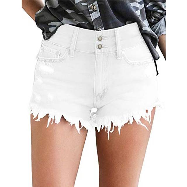 MODARANI White Frayed Denim Shorts for Women cut Off Jean Shorts Junio