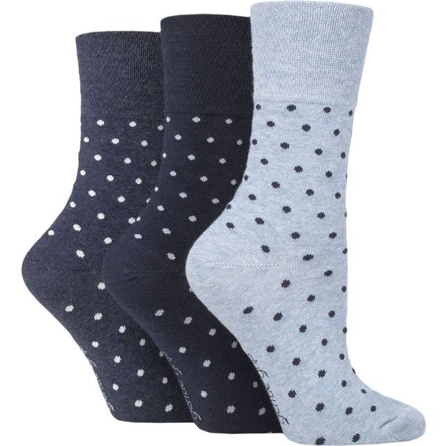 Women's 3 Pair Gentle Grip Cotton Patterned and Striped Socks Digital Dots Navy / Denim 4-8 Ladies - Blue