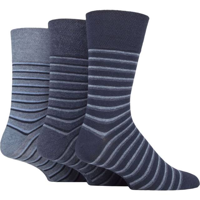 Mens 3 Pair Gentle Grip Cotton Argyle Patterned and Striped Socks Varied Stripe Navy / Denim 6-11 Mens - Blue