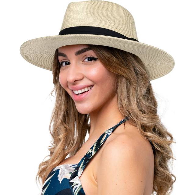 Womens Wide Brim Straw Panama Hat Fedora Summer Beach Sun Hat UPF Stra
