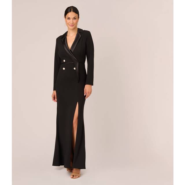 Adrianna Papell Tuxedo Gown With Jewel Buttons - Nude
