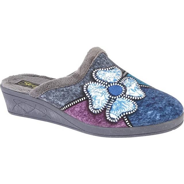 (7 UK, Grey/Purple/Blue/Silver) Sleepers Womens/Ladies Kimberly Flower Trim Mule Slippers