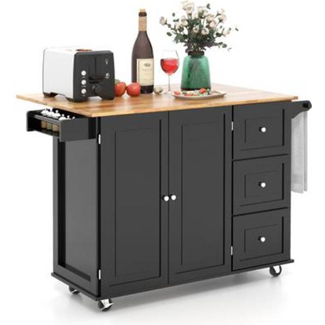 Kitchen Island Trolley with 3 Drawers and 2-door Cabinet-Brown