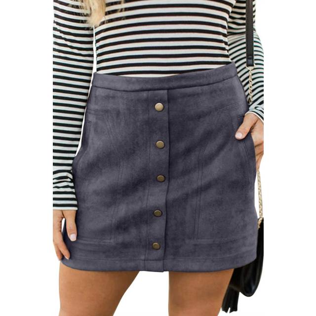 Meyeeka Women Classic High Waist Button Up Bodycon Faux Suede A Line M