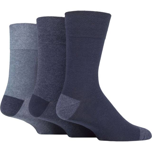 Mens 3 Pair Gentle Grip Cotton Argyle Patterned and Striped Socks Contrast Heel and Toe Navy / Denim 6-11 - Blue