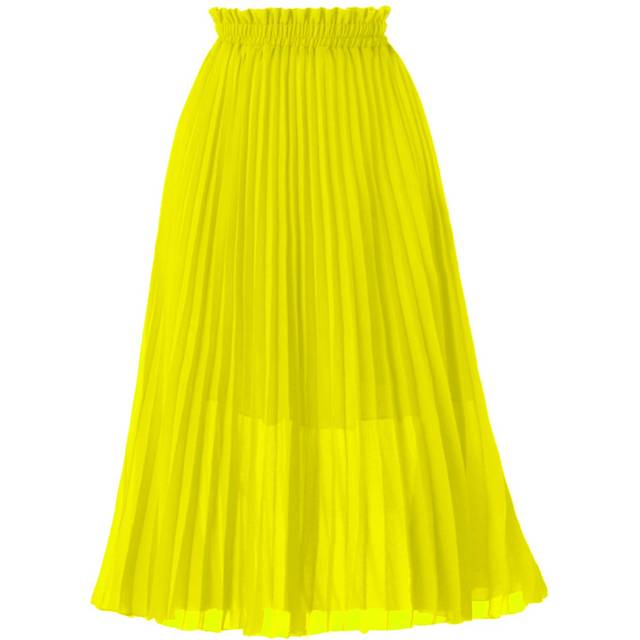 GOOBGS Women's Pleated A-Line High Waist Swing Flare Midi Skirt Yellow