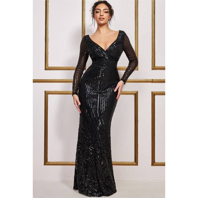 Long Sleeve Sequin V Wrap Maxi Dress - Black by Goddiva - 10